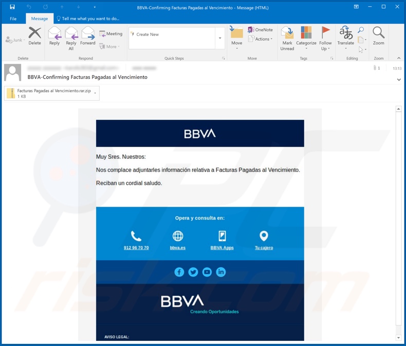 BBVA malware-spreading email spam campaign