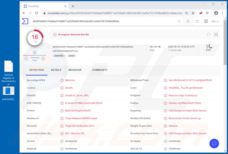 BBVA email attachment detections on VirusTotal