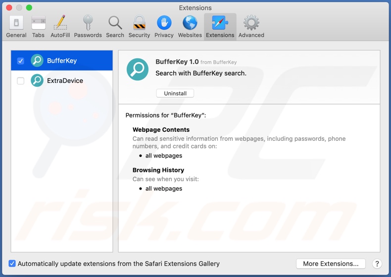 BufferKey adware installed on Safari