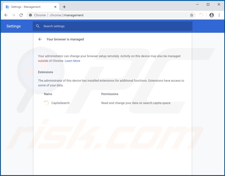 CapitaSearch browser hijacker managing Chrome