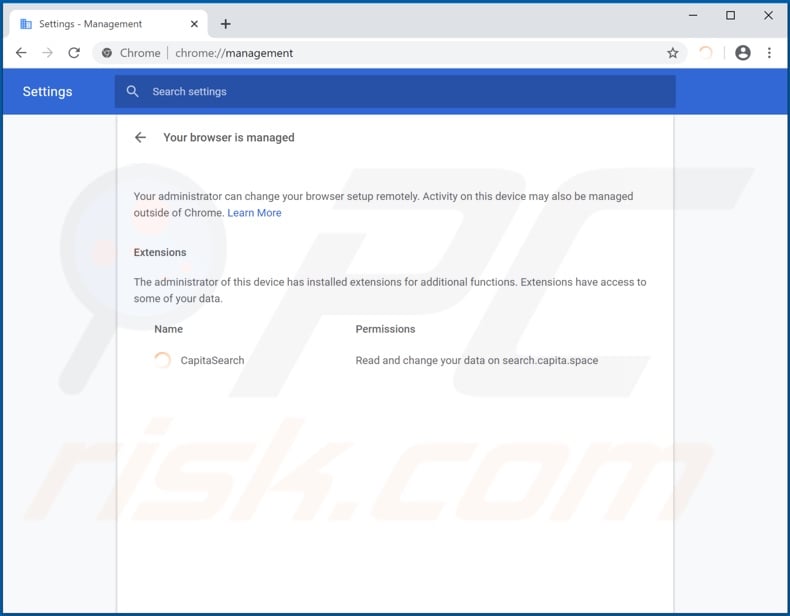 CapitaSearch browser hijacker managing Chrome