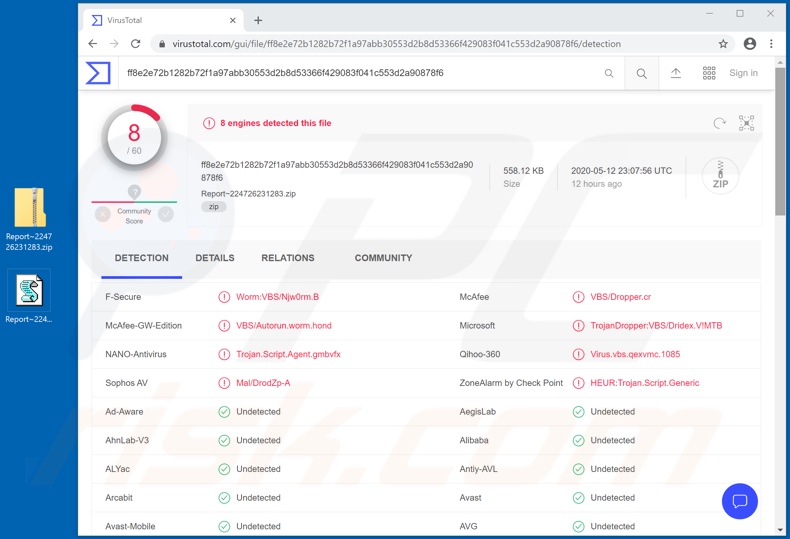 Malicious file, sent via Chorus Union spam campaign, detection on VirusTotal