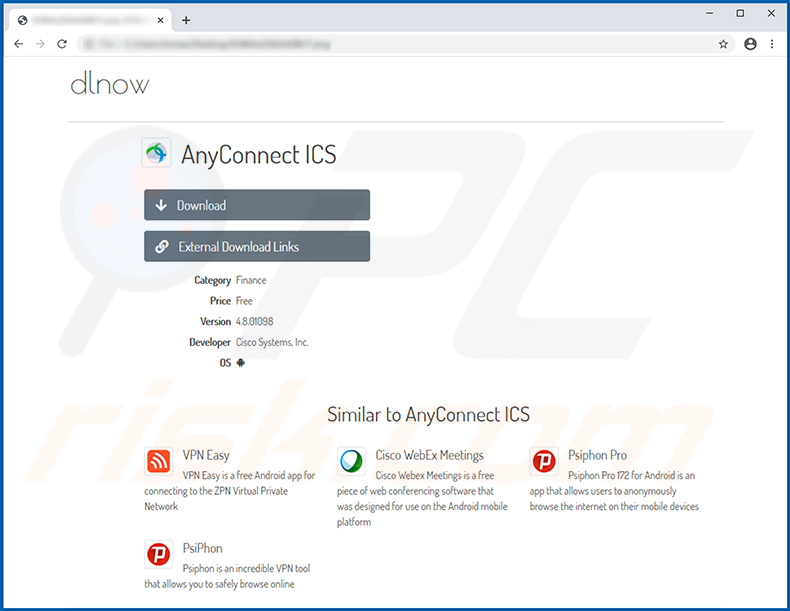 Cisco AnyConnect fake download website