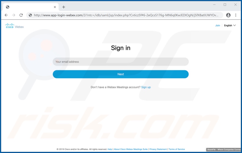 Phishing website disguised as the Webex log-in page