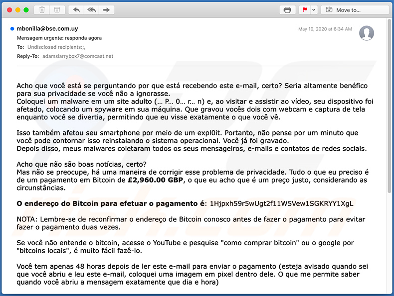 Coloquei Malware No Site Adulto scam email (sample 2)