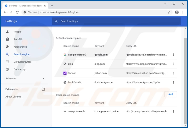 Removing cosappzsearch.online from Google Chrome default search engine