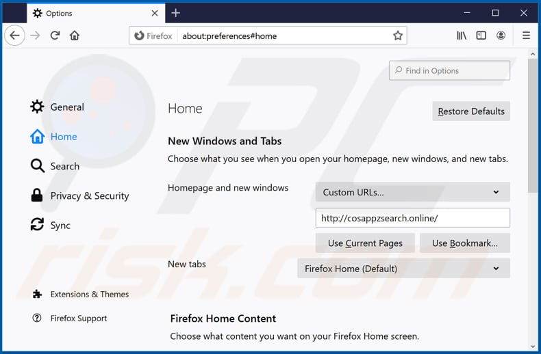Removing cosappzsearch.online from Mozilla Firefox homepage