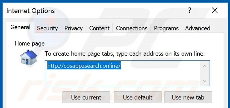 Removing cosappzsearch.online from Internet Explorer homepage