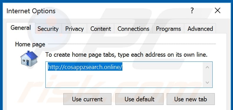 Removing cosappzsearch.online from Internet Explorer homepage