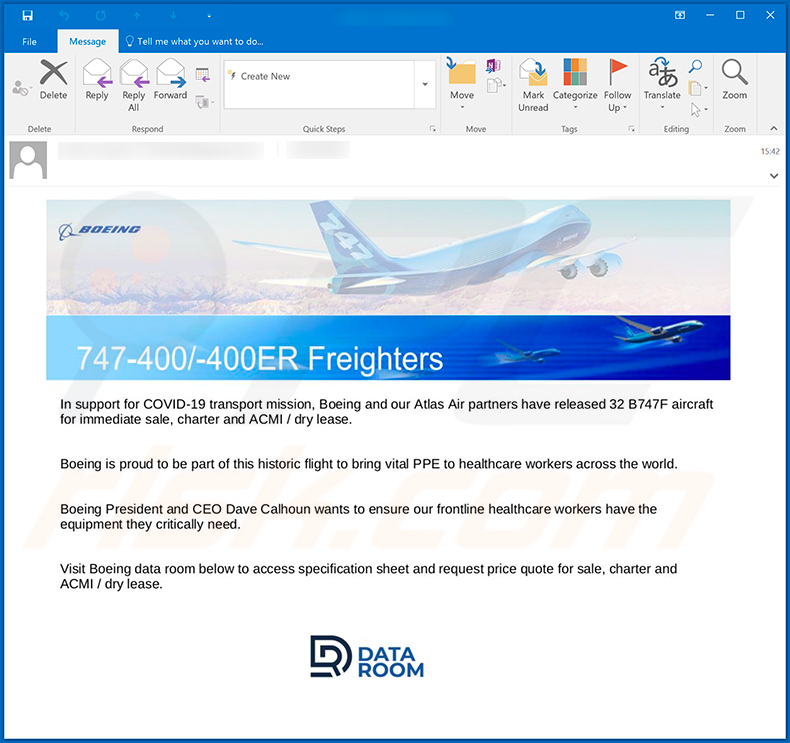 Covid-19 relating scam email promoting Boeing-themed phishing website