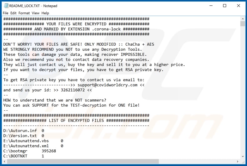 CovidWorldCry decrypt instructions (README_LOCK.TXT)