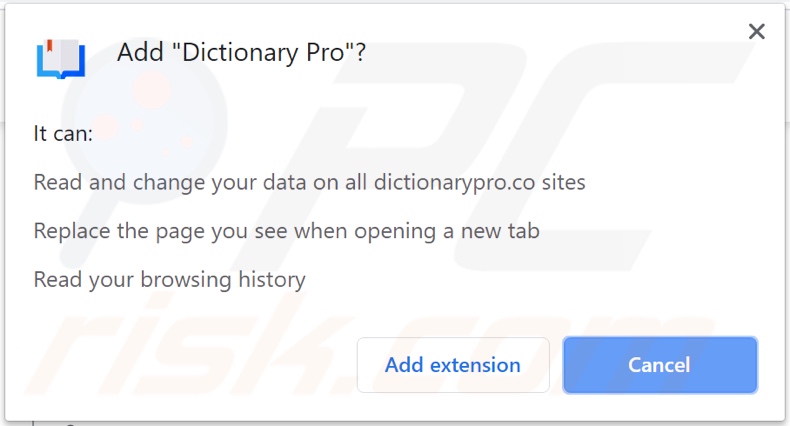 DictionaryPro browser hijacker asking for permissions