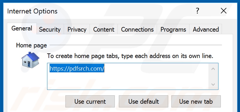 Removing pdfsrch.com from Internet Explorer homepage