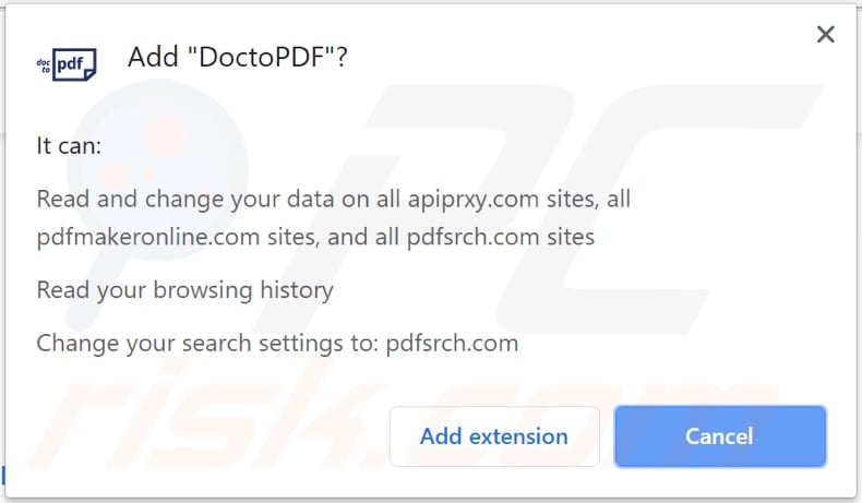 DoctoPDF browser hijacker asking for permissions