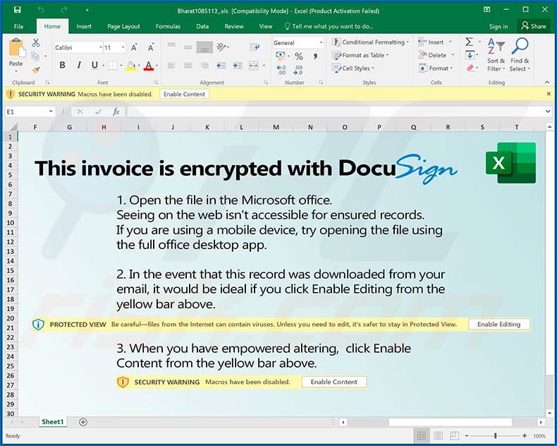 DocuSign excel document used to spread Ursnif (Gozi) trojan