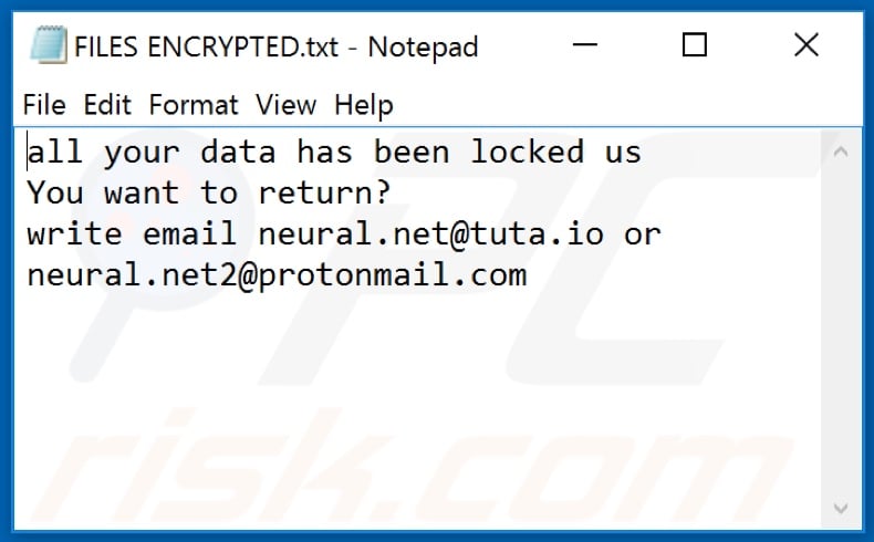 .NET (Dharma) ransomware text file (FILES ENCRYPTED.txt)
