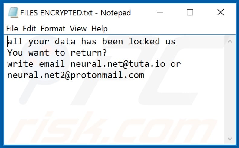 .NET (Dharma) ransomware text file (FILES ENCRYPTED.txt)