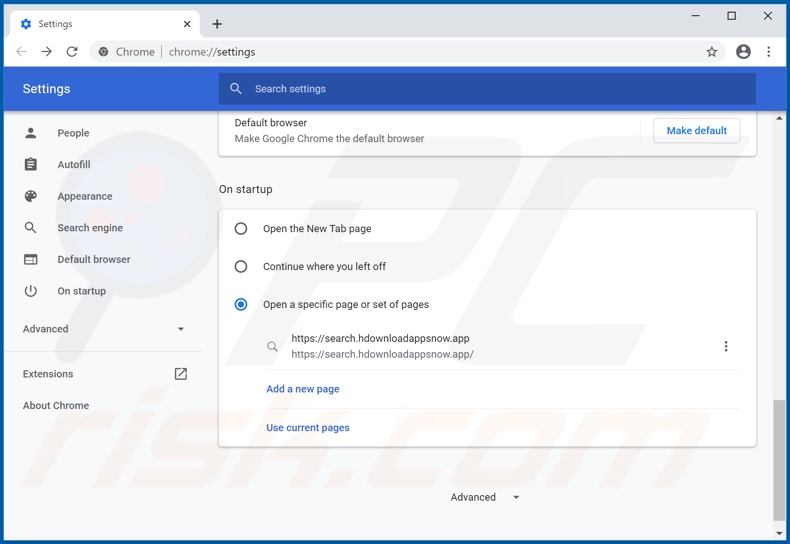 Removing hdownloadappsnow.app from Google Chrome homepage