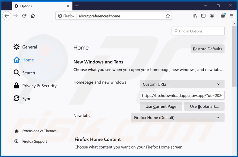 Removing hdownloadappsnow.app from Mozilla Firefox homepage