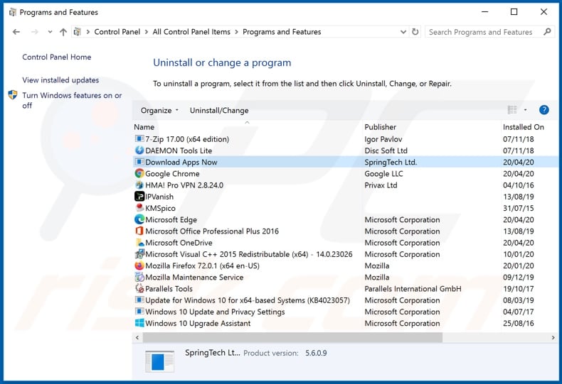 hdownloadappsnow.app browser hijacker uninstall via Control Panel