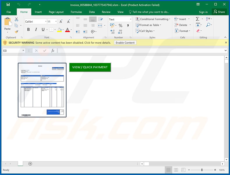 Malicious Microsoft Excel document (Invoice_00588844_1037775437942.xlsm) used to inject Dridex malware into the system