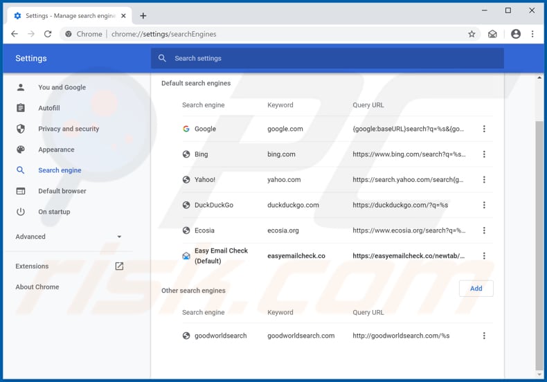 Removing easyemailcheck.co from Google Chrome default search engine