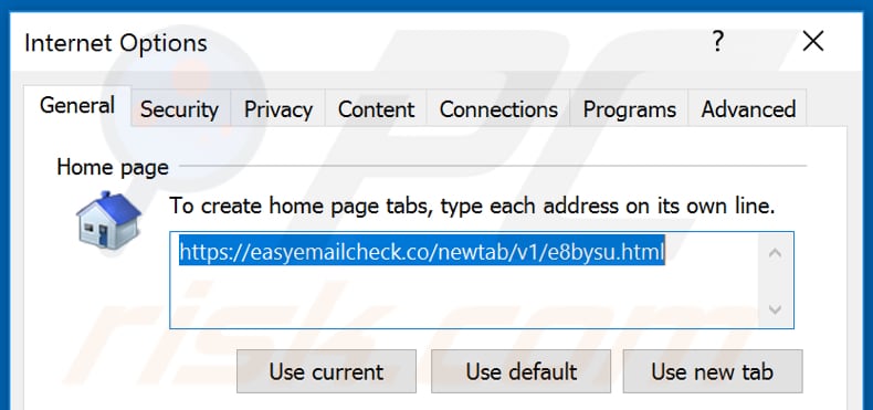 Removing easyemailcheck.co from Internet Explorer homepage