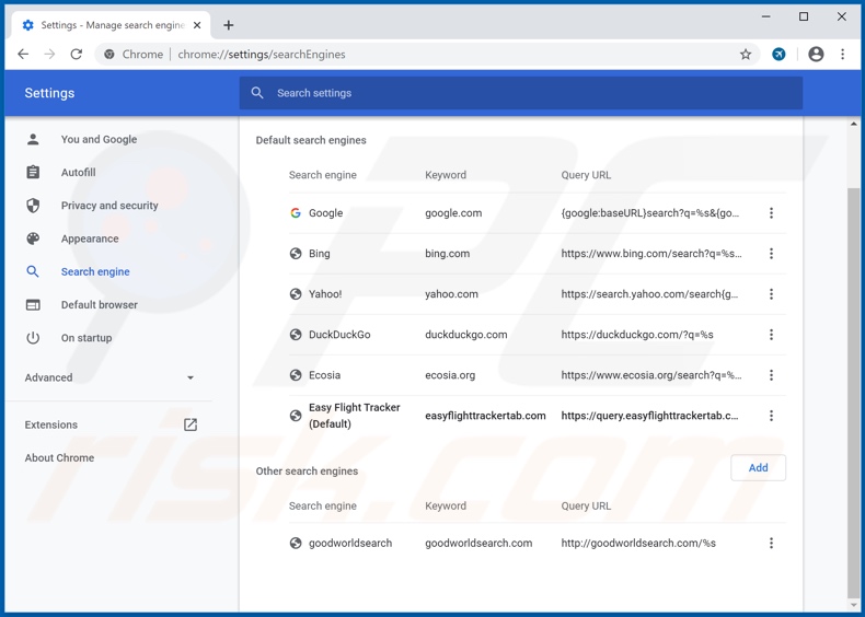 Removing easyflighttrackertab.com from Google Chrome default search engine