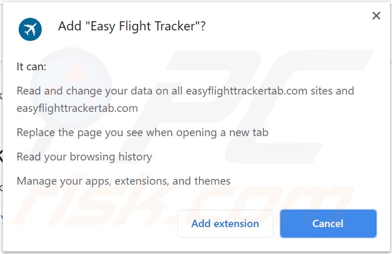 Easy Flight Tracker browser hijacker asking for permissions