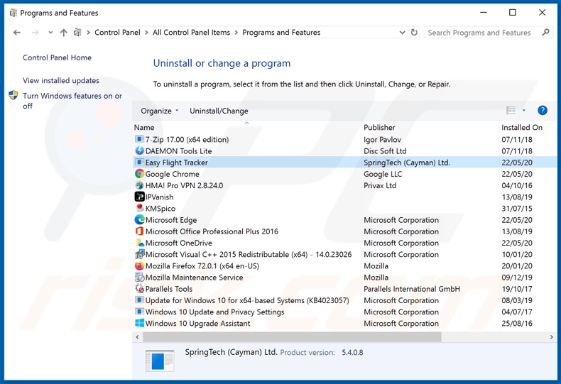 easyflighttrackertab.com browser hijacker uninstall via Control Panel
