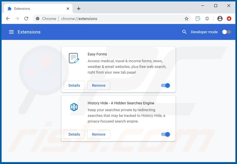 Removing heasyforms.com related Google Chrome extensions