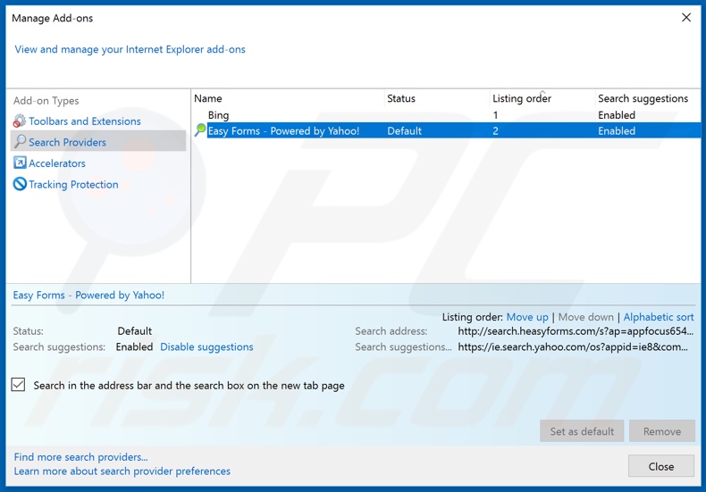 Removing heasyforms.com from Internet Explorer default search engine