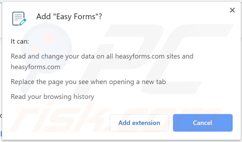 Easy Forms browser hijacker asking for permissions