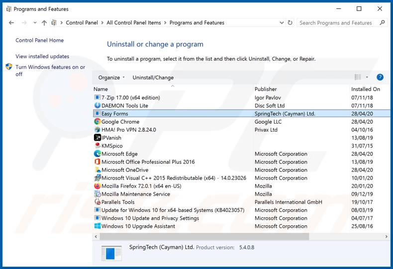 heasyforms.com browser hijacker uninstall via Control Panel
