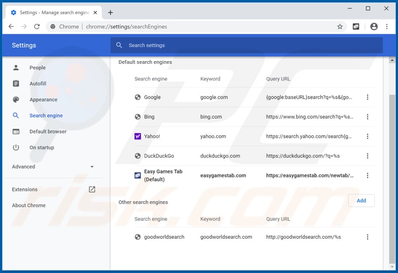 Removing easygamestab.com from Google Chrome default search engine