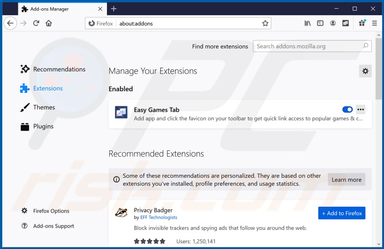 Removing easygamestab.com related Mozilla Firefox extensions