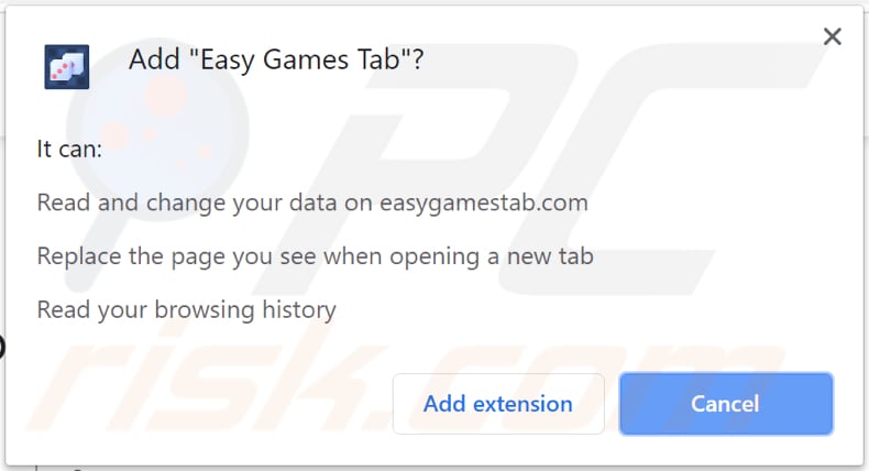 easy games tab browser hijacker asks for a permission to be installed on chrome