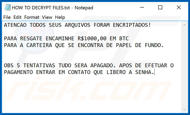 EnCiPhErEd ransomware text file (HOW TO DECRYPT FILES.txt) written in Portuguese