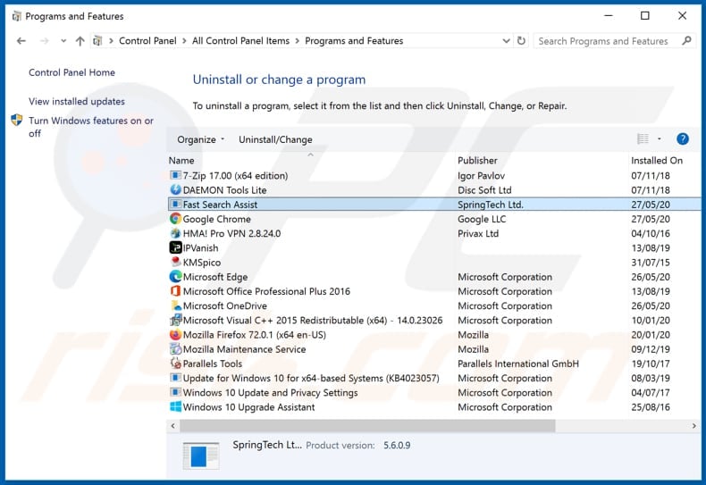 fastsearchassist.com browser hijacker uninstall via Control Panel