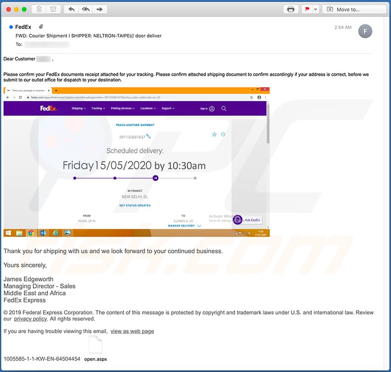 FedEx shipments-relating spam email (2020-05-15)