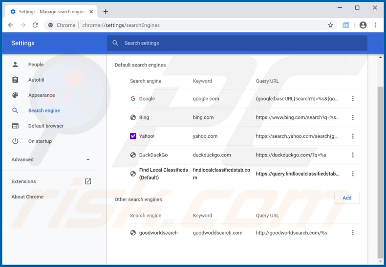 Removing findlocalclassifiedstab.com from Google Chrome default search engine