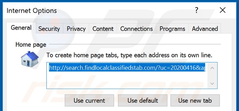 Removing findlocalclassifiedstab.com from Internet Explorer homepage