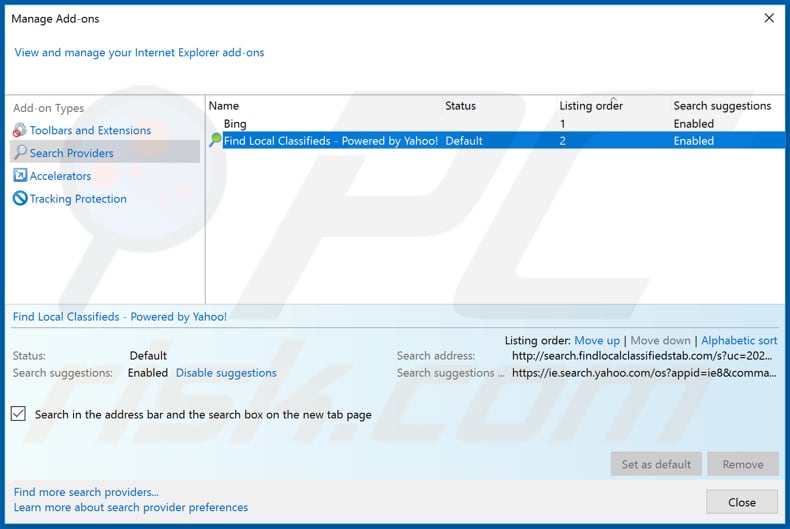Removing findlocalclassifiedstab.com from Internet Explorer default search engine