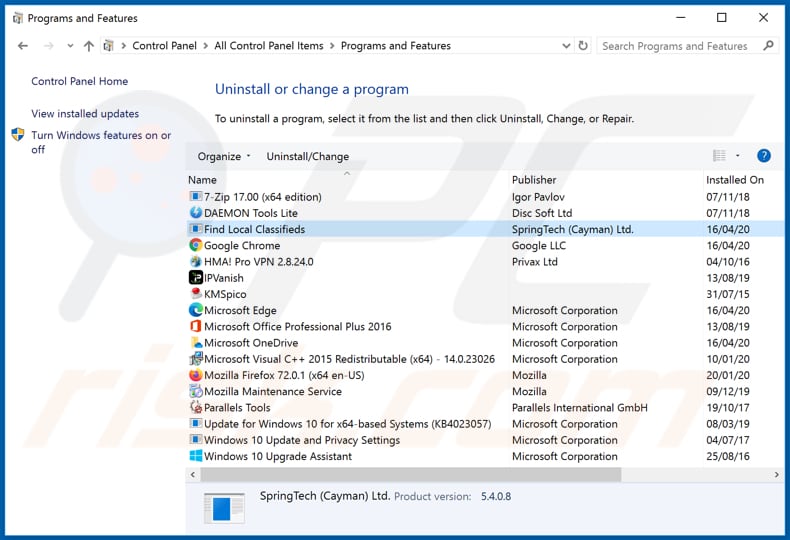 findlocalclassifiedstab.com browser hijacker uninstall via Control Panel