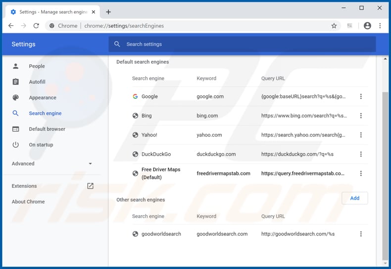 Removing freedrivermapstab.com from Google Chrome default search engine