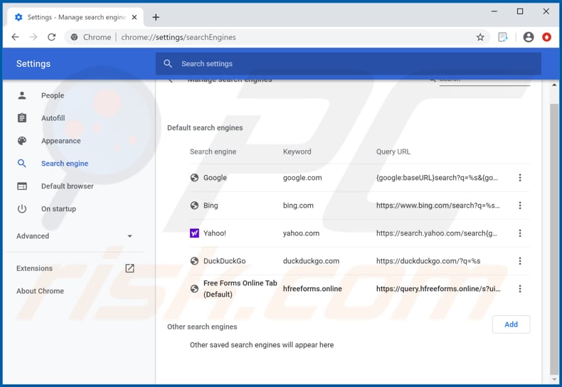 Removing hfreeforms.online from Google Chrome default search engine