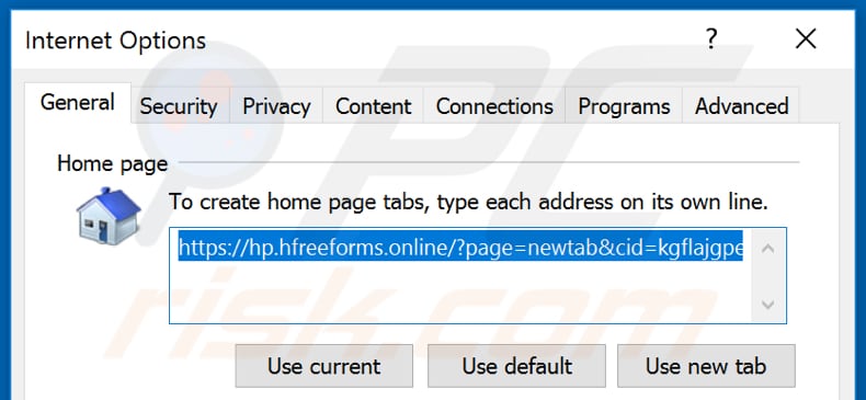 Removing hfreeforms.online from Internet Explorer homepage