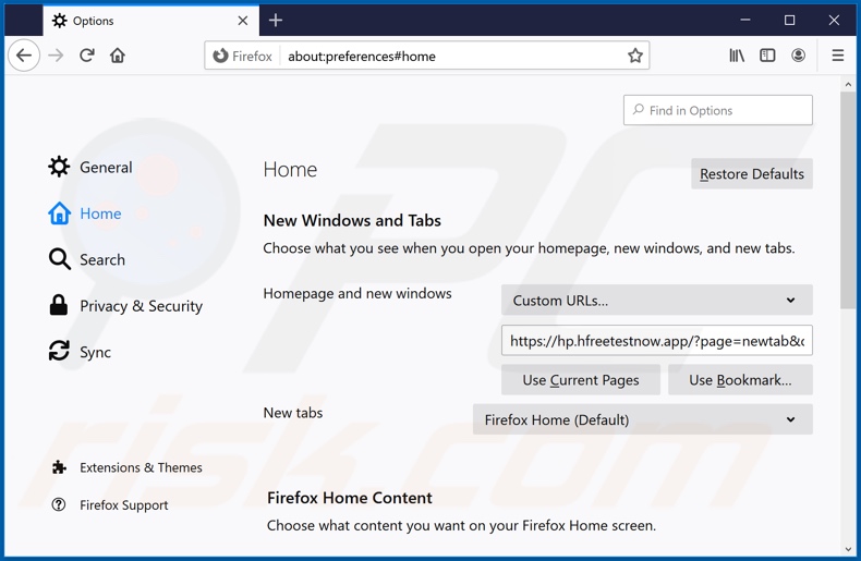 Removing hfreetestnow.app from Mozilla Firefox homepage