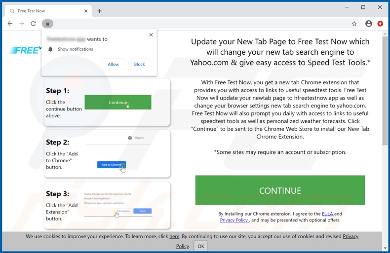 Website used to promote Free Test Now browser hijacker