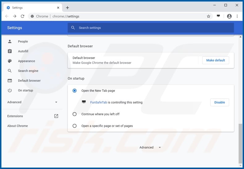 Removing search.funsafetabsearch.com from Google Chrome homepage